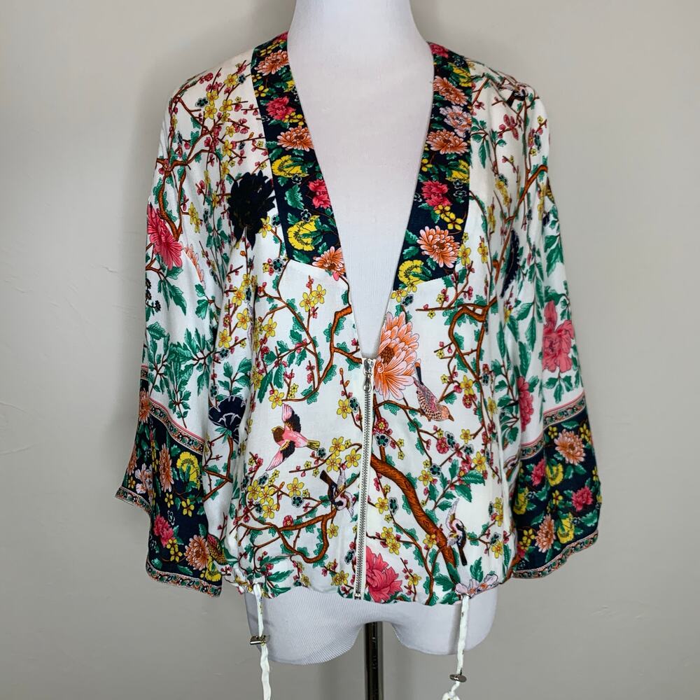 Zara Bright Botanical Floral Bomber Sz Small Viscose